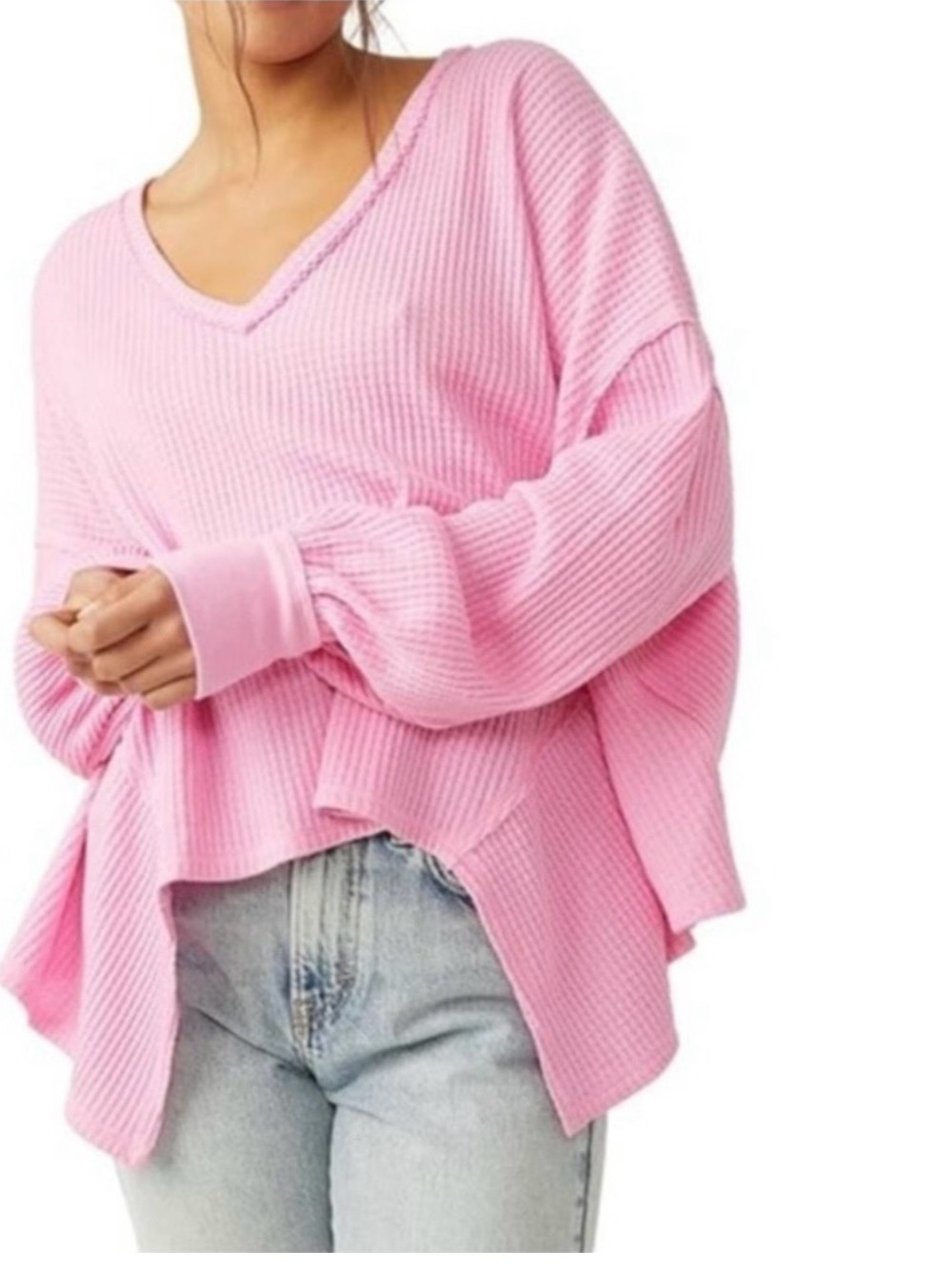 Free People We The Free Coraline Thermal Long Sleeve Pink V-Neck shirt
